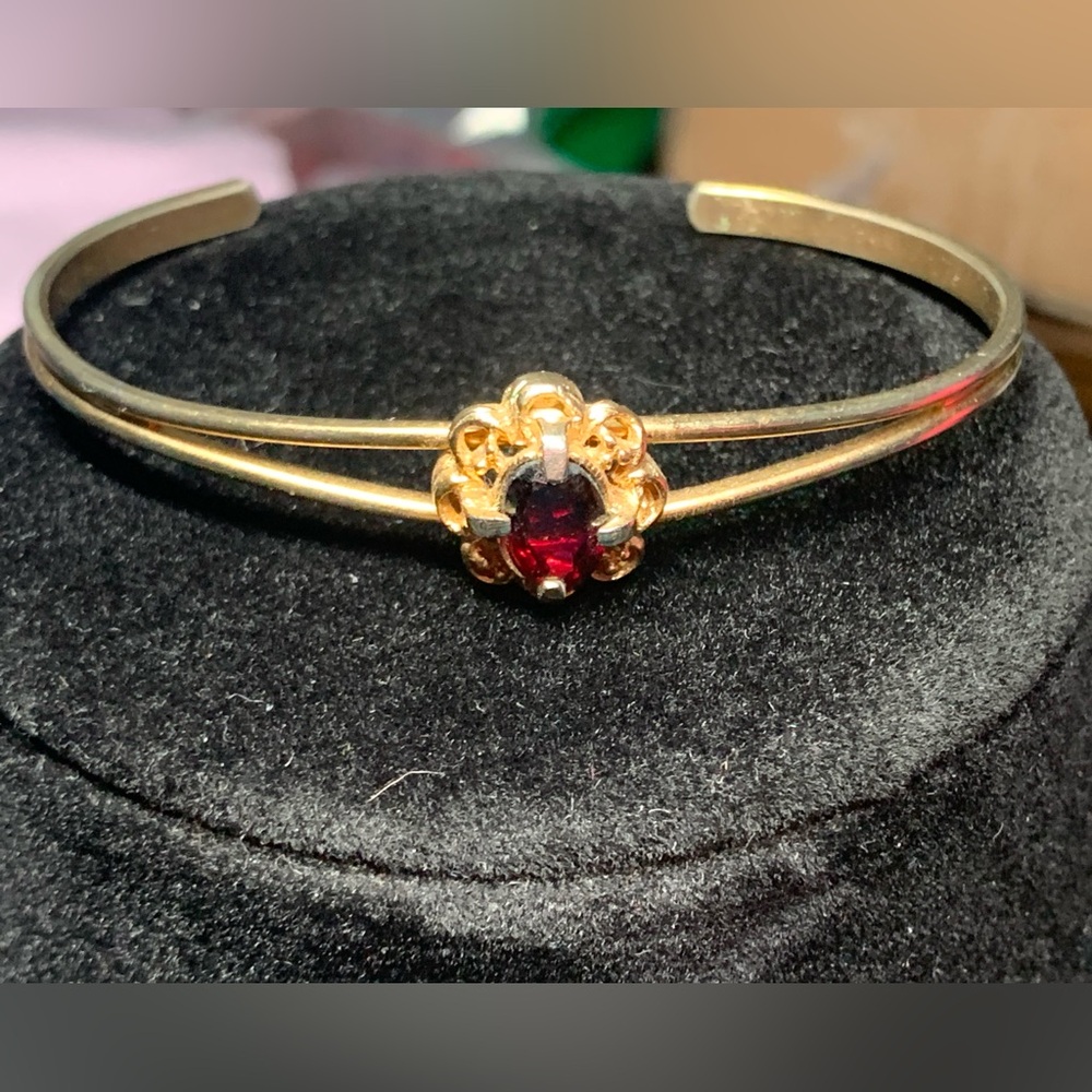 Gold-Tone Women's Cuff Bracelet with Red Center Stone